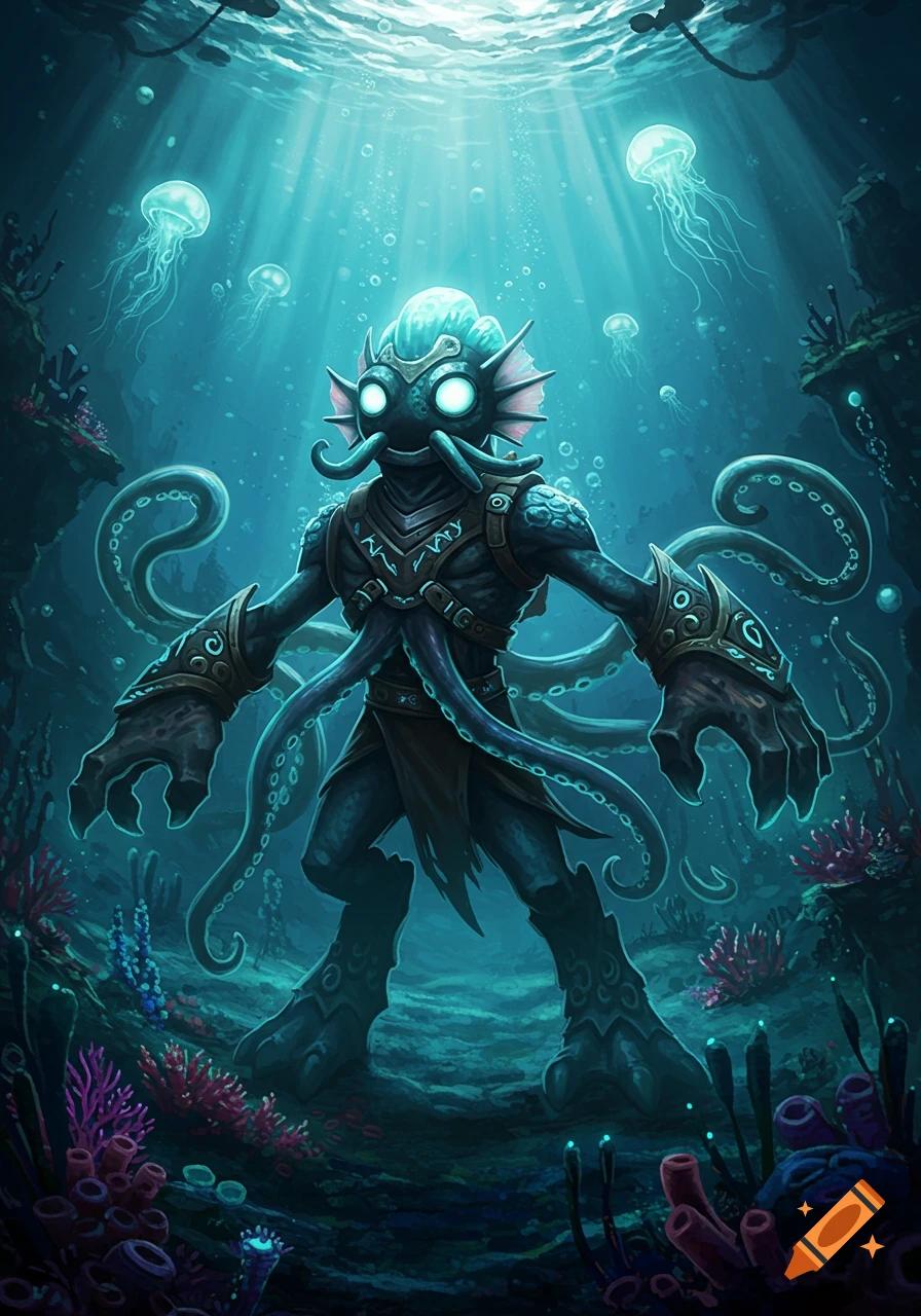 A vibrant illustration of a dark, stylized deep-sea creature with tentacles, glowing eyes, and armor, standing among coral and jellyfish underwater.