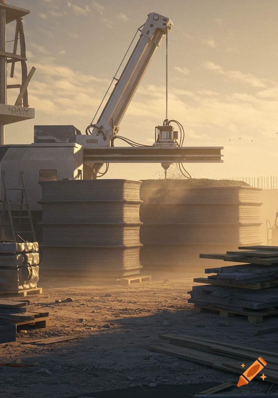 A large industrial 3D printer building concrete structures on a dusty construction site with stacks of material under a golden sky.