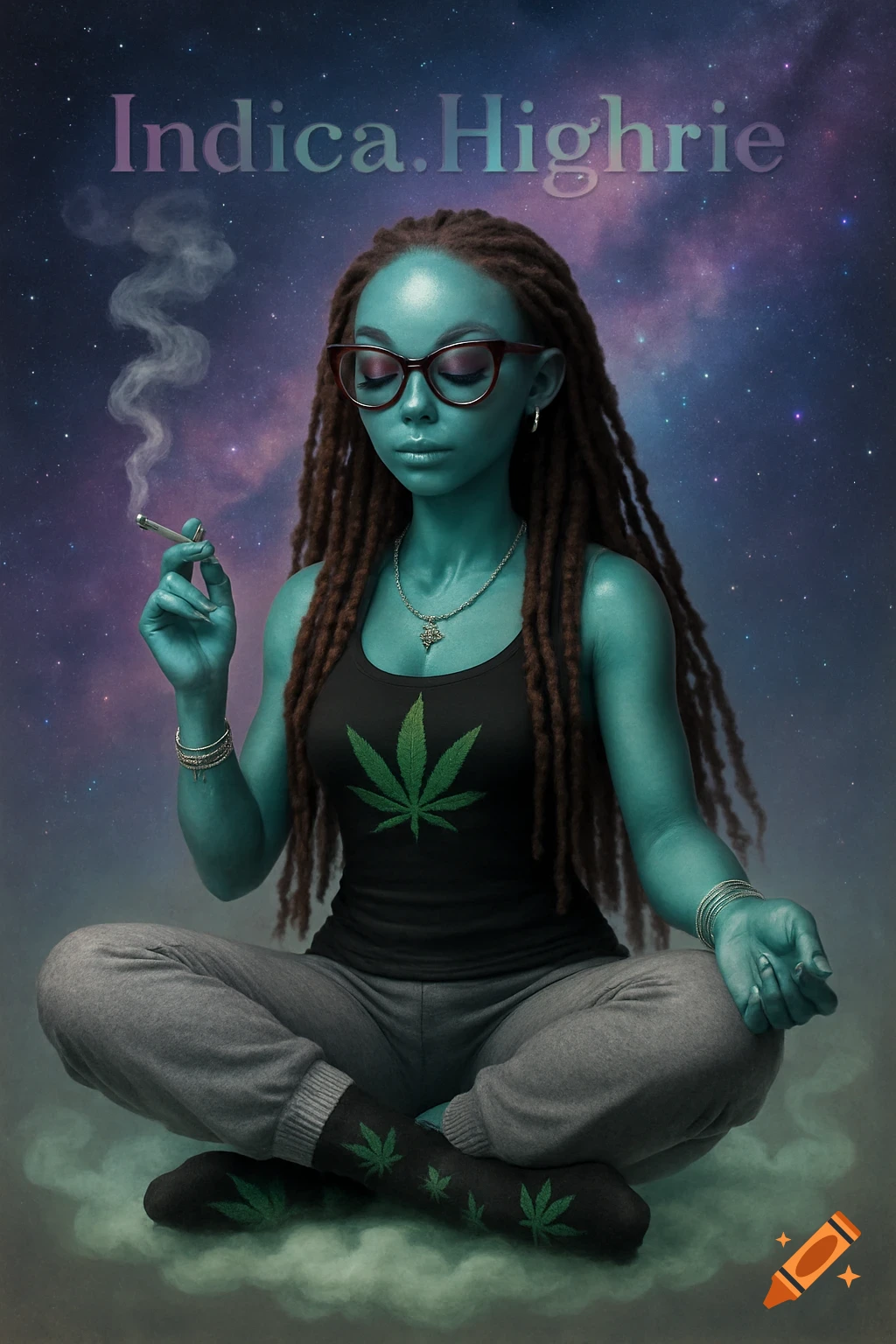 A female alien with teal skin and dreadlocks meditates, holding a lit joint, against a starry galaxy background. Cannabis leaves adorn her clothing.