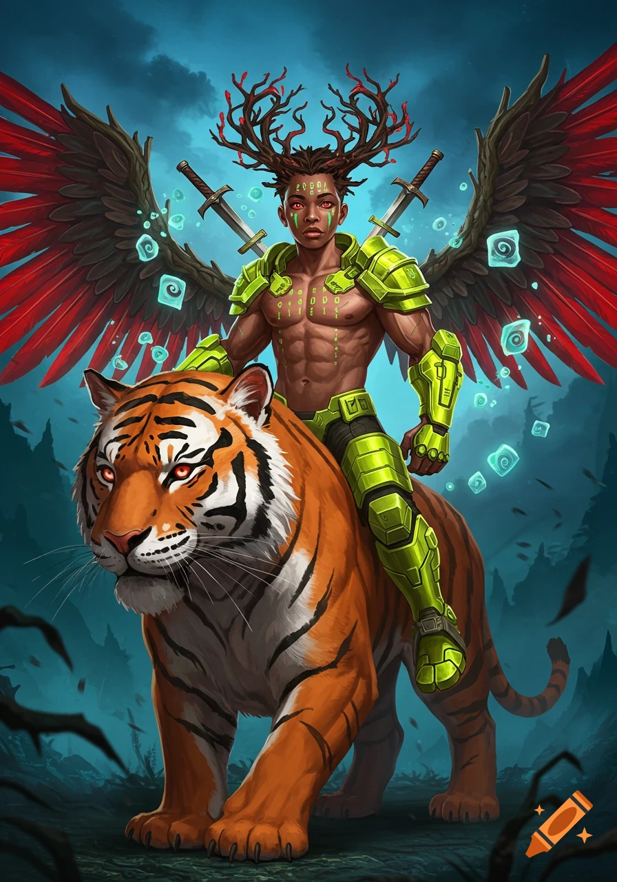 A muscular teen boy with antlers and red-feathered wings, wearing neon green futuristic armor and green code tattoos, rides a majestic tiger through a dark fantasy landscape.