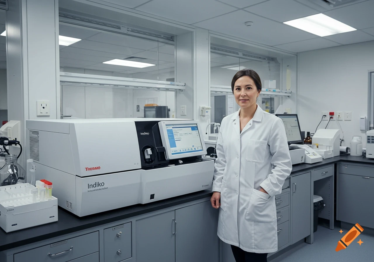 An ultra-realistic photo of a medical biologist in a white lab coat standing in a modern medical analysis laboratory.