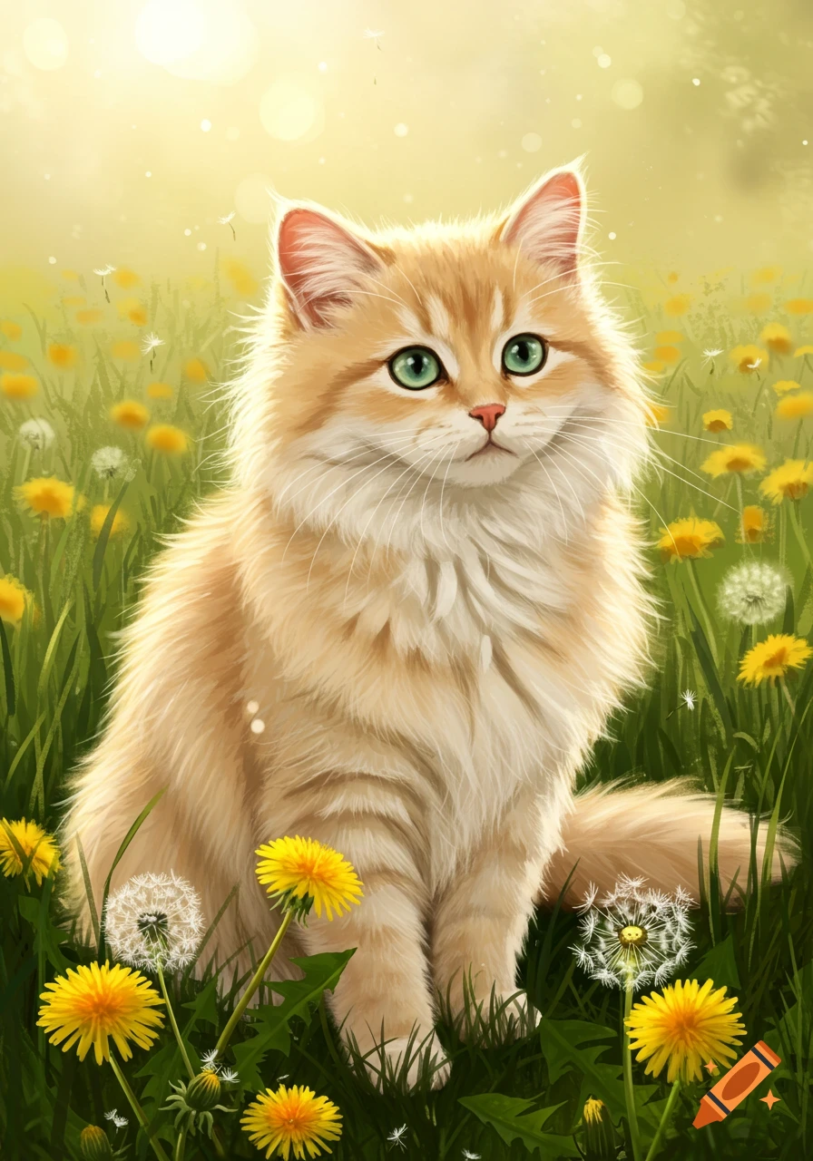 A fluffy golden-cream cat with green eyes sits in a sunny meadow filled with yellow dandelions, in a semi-realistic style.