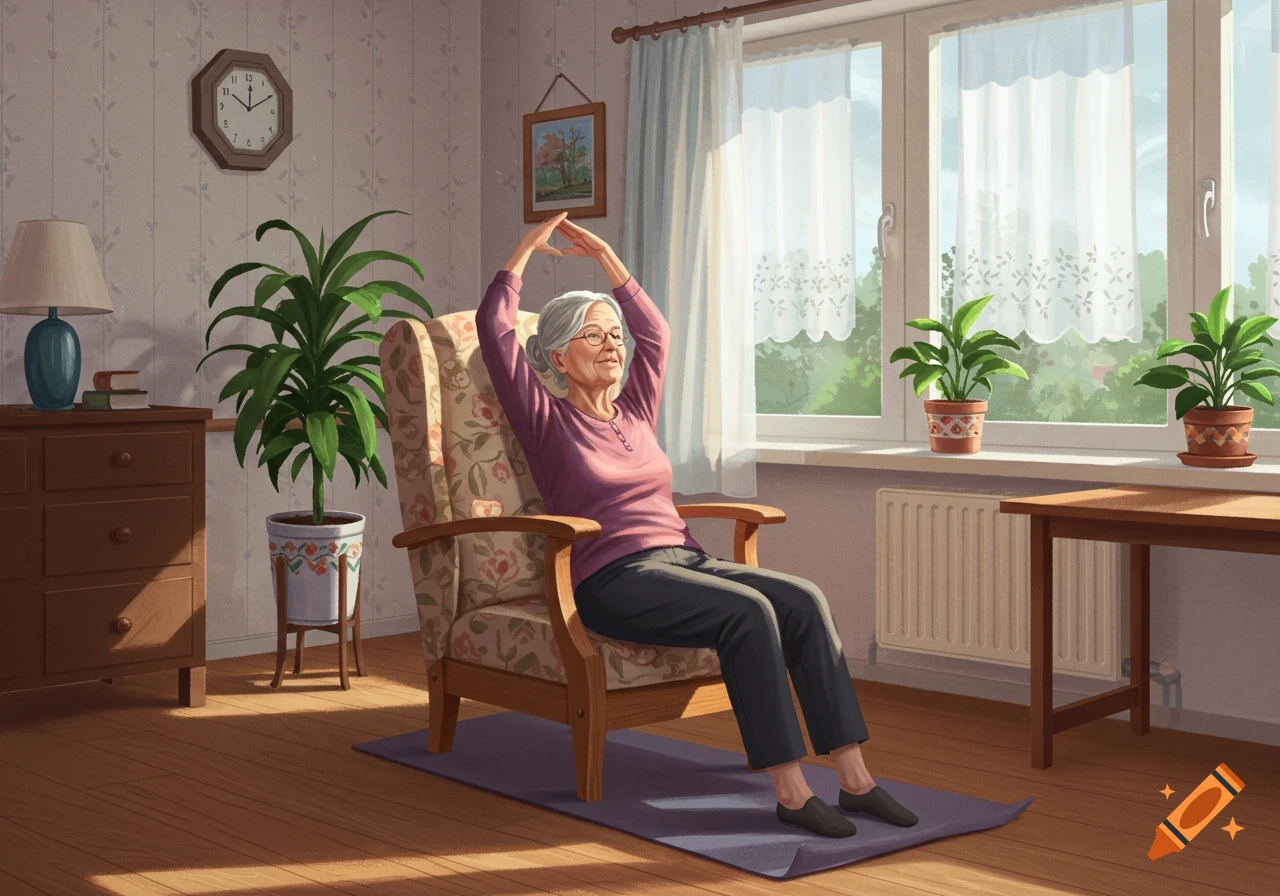 An elderly woman sits in an armchair, stretching her arms upwards in a sunny room with plants by a window, in an illustrated style.