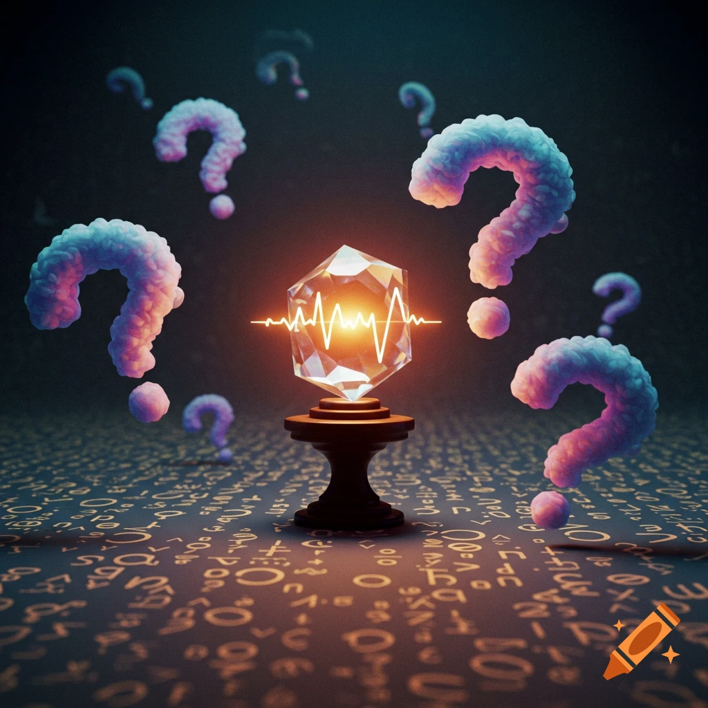 A glowing multifaceted crystal on a pedestal, surrounded by fuzzy blue and pink question marks on a dark ground with abstract symbols.