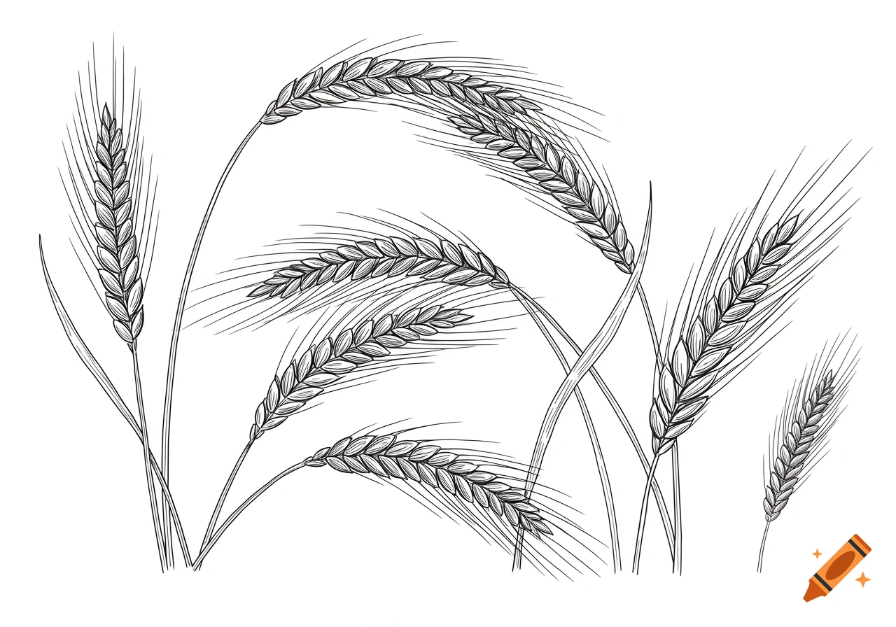 Black and white line art illustration of several wheat stalks with grain heads.