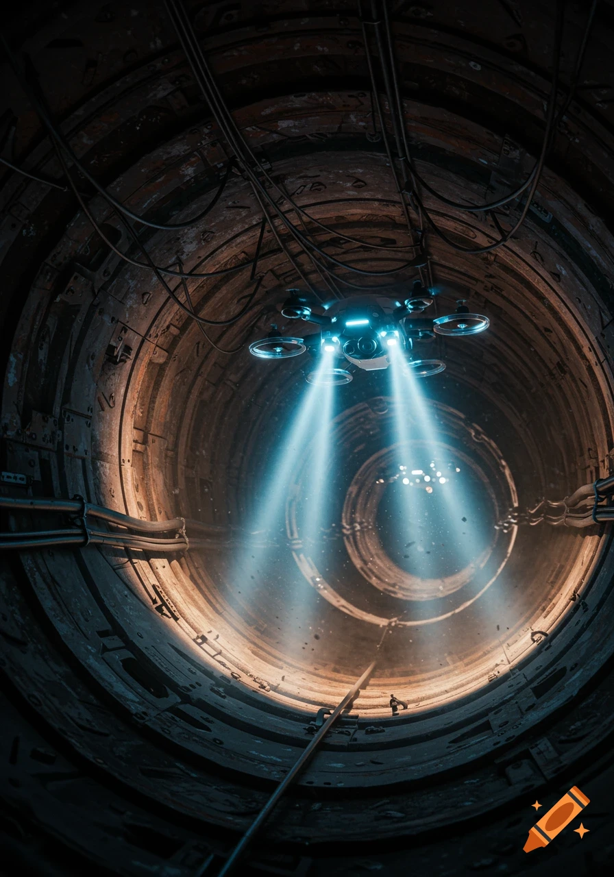 A glowing drone flies through a dark, cylindrical industrial tunnel, illuminating dust particles with its bright blue lights.