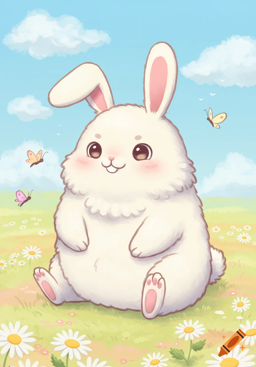 A fluffy, rotund cartoon rabbit with big eyes sits in a grassy field dotted with white daisies, under a bright blue sky with clouds and butterflies.