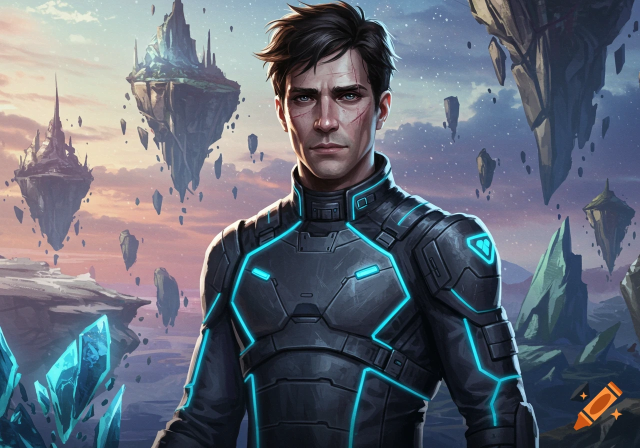 A battle-hardened man in a futuristic dark gray and blue uniform with neon accents stands in a surreal landscape of floating islands and glowing crystals. Digital art.