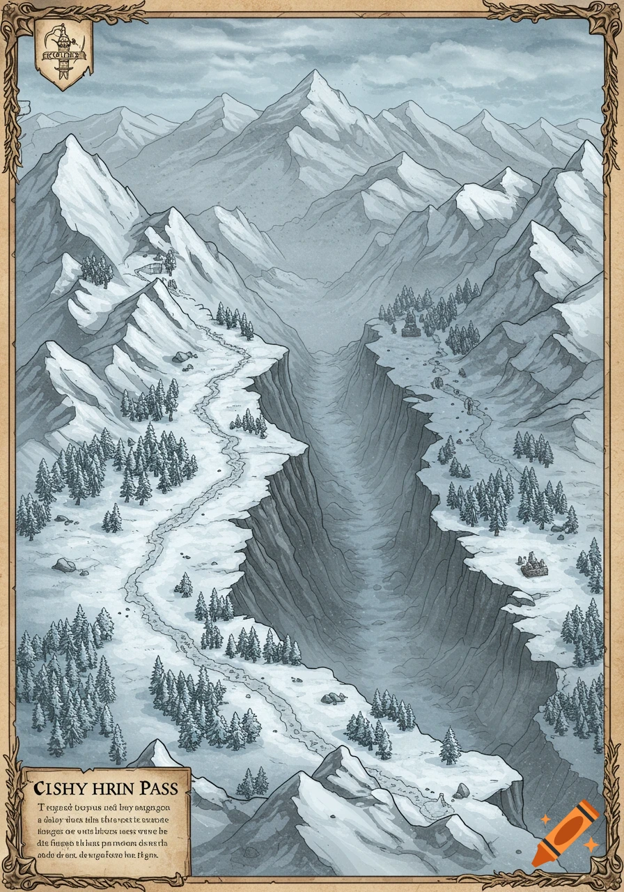 A stylized RPG map of a snowy mountain pass with a deep chasm running through the center.