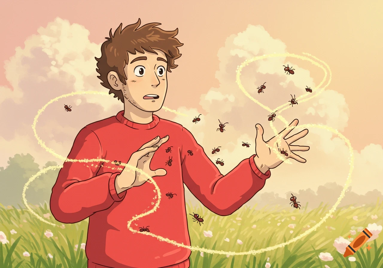 A cartoon man in a red sweater looks surprised as ants swirl around him in glowing yellow trails in a sunny field.