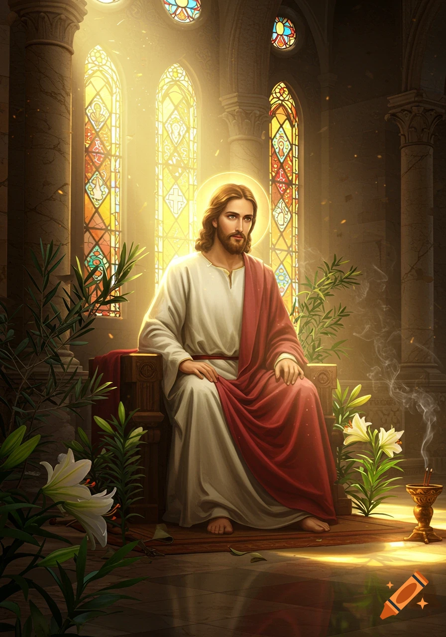Jesus Christ in white and red robes, seated in a sunlit cathedral with stained glass windows, lilies, and incense.