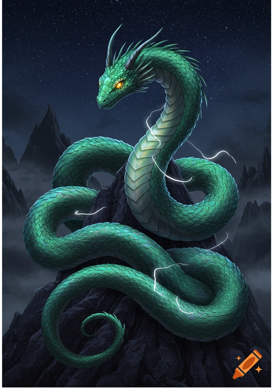 A majestic green dragon-snake with glowing yellow eyes coiled on a dark mountain under a starry night sky, with lightning-like streaks.