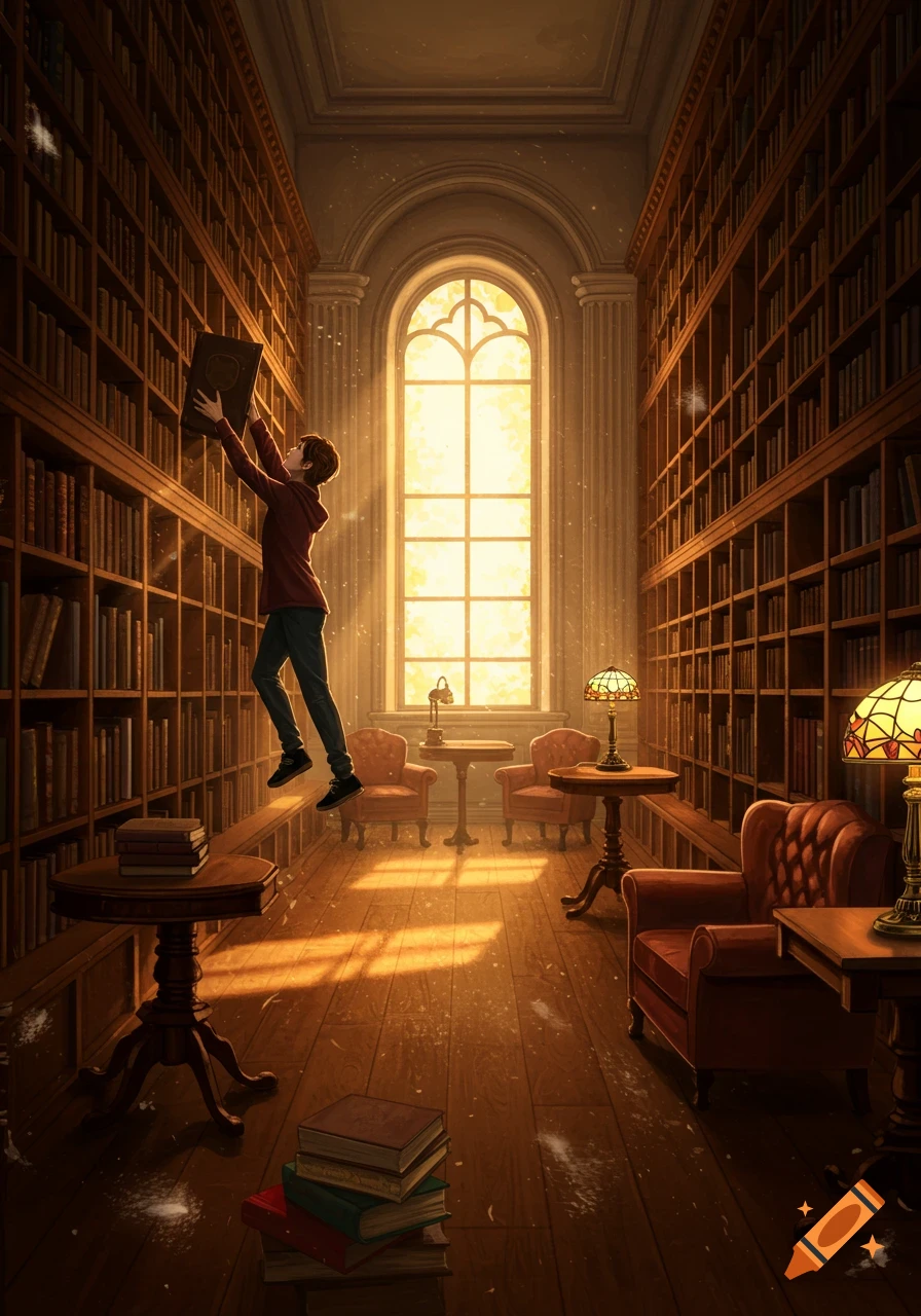 An illustrated fantasy scene of a student floating in a sunlit library, placing a book on a high shelf.