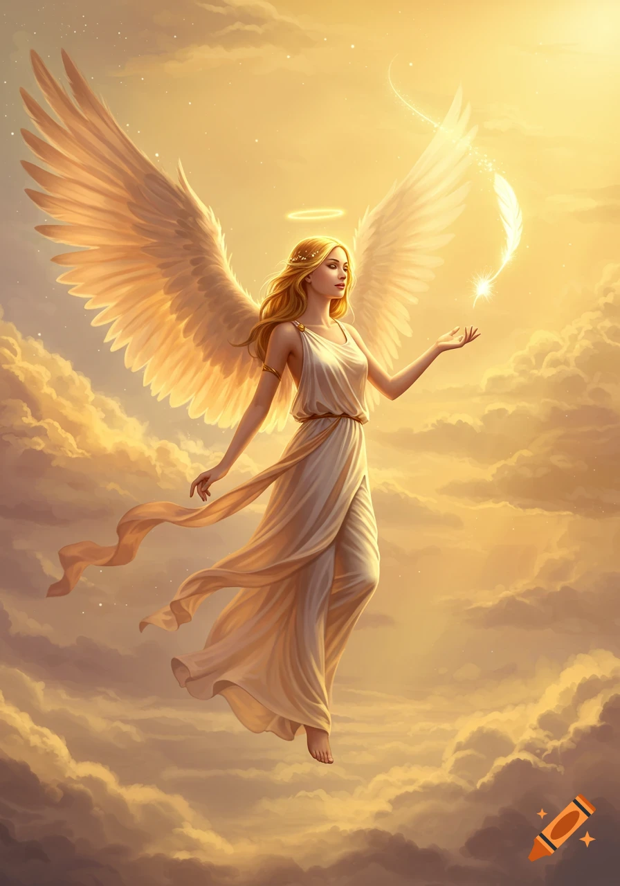 A luminous angel with golden hair, large white wings, and a halo floats among golden clouds, holding a glowing feather.