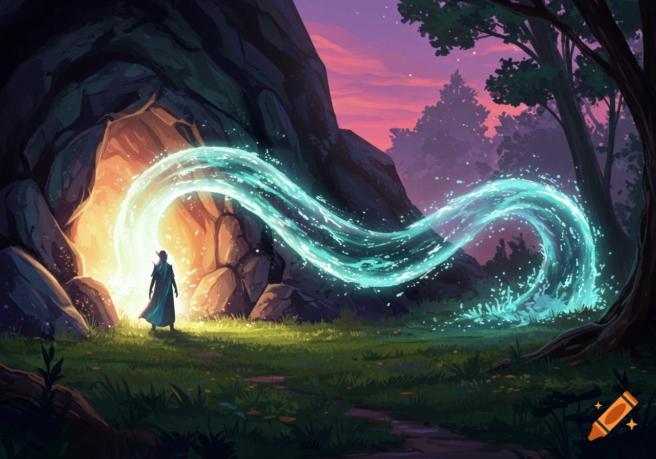 A cloaked figure in a fantasy landscape stands before a glowing cave, from which a swirling turquoise magical energy stream flows through a forest at sunset.