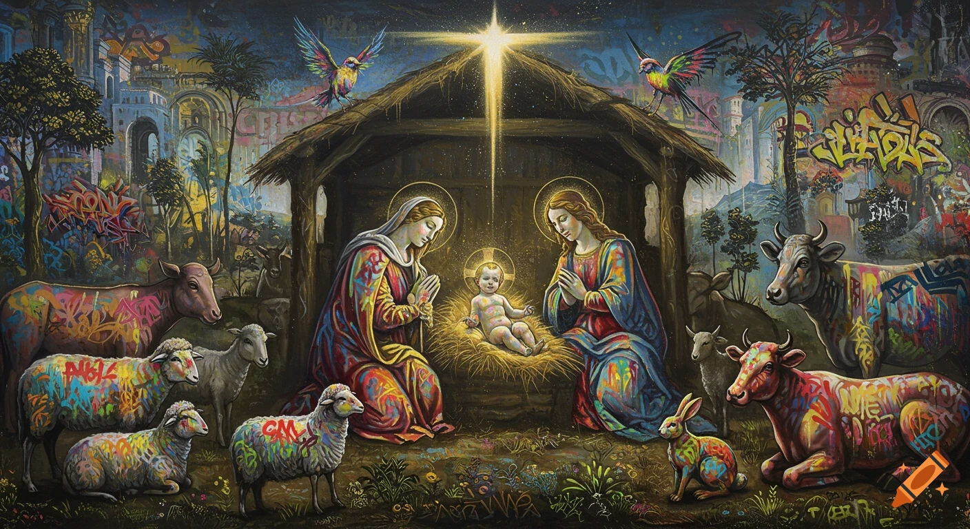 A colorful street art depiction of the Nativity scene with Mary, Joseph, and baby Jesus in a stable, surrounded by animals adorned with graffiti, all under a bright star.