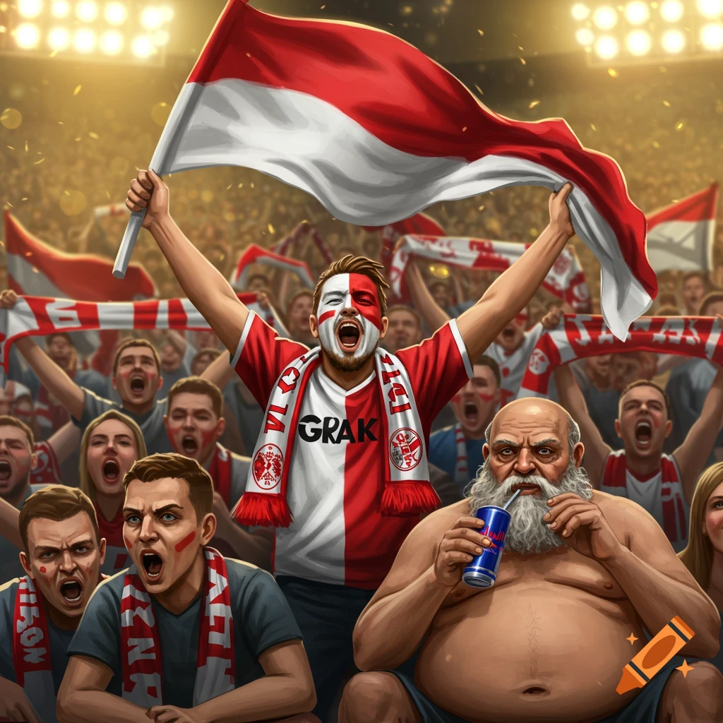 An illustration of a large crowd of cheering football fans in a stadium, with a central fan holding a red and white flag. An older man drinks from a Red Bull can beside him.