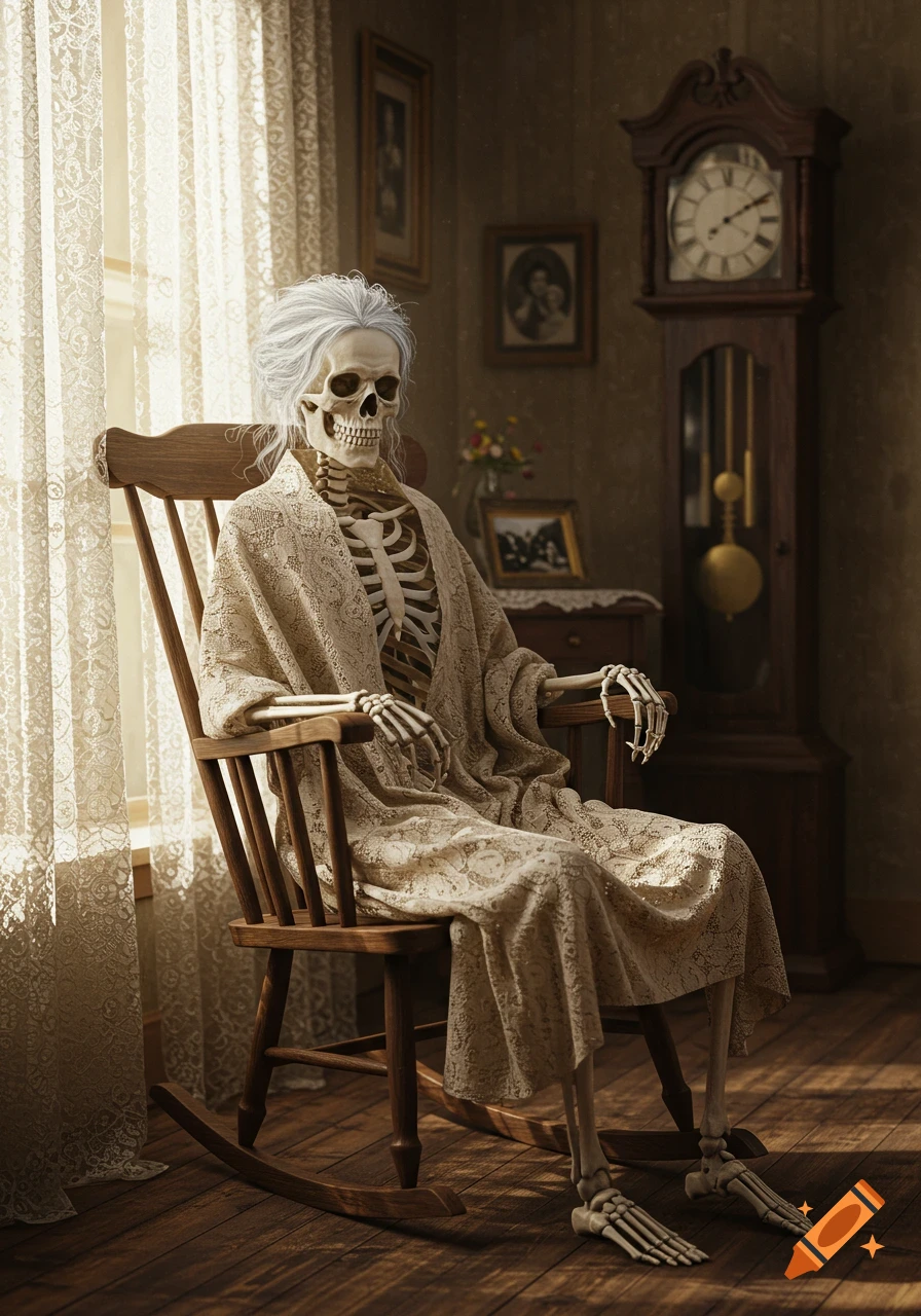 A photorealistic image of a skeleton with white hair, wearing a lace dress, sitting in a rocking chair in a vintage room.