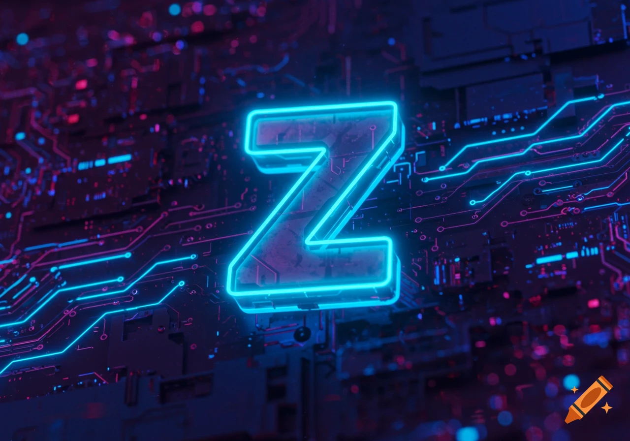 A vibrant, neon blue glowing letter Z floats above a dark circuit board with glowing pink and blue lines.