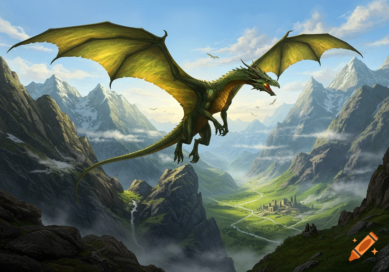 A majestic green dragon with golden wings soars over a lush, misty mountain valley with a small village and snow-capped peaks.