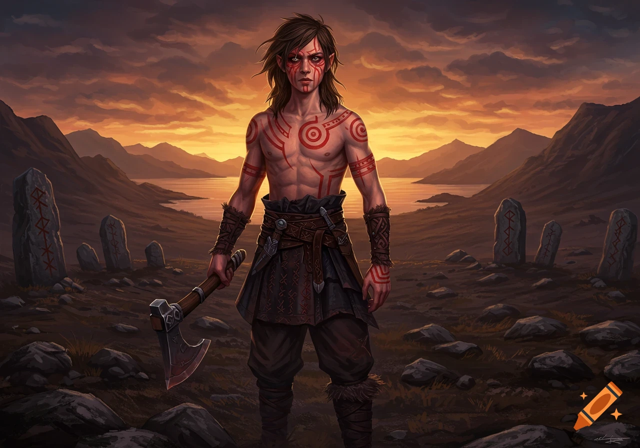 A male warrior with red tribal tattoos, long brown hair, and an axe stands in a desolate landscape with standing stones against an orange sunset in a digital art style.