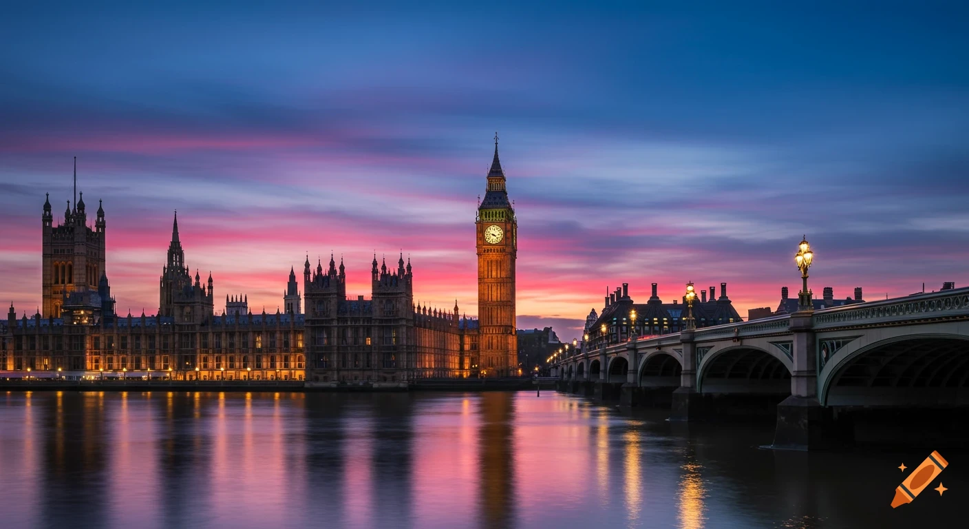 London's Houses of Parliament and Big Ben illuminated at sunset, reflected in the Thames River with a bridge.
