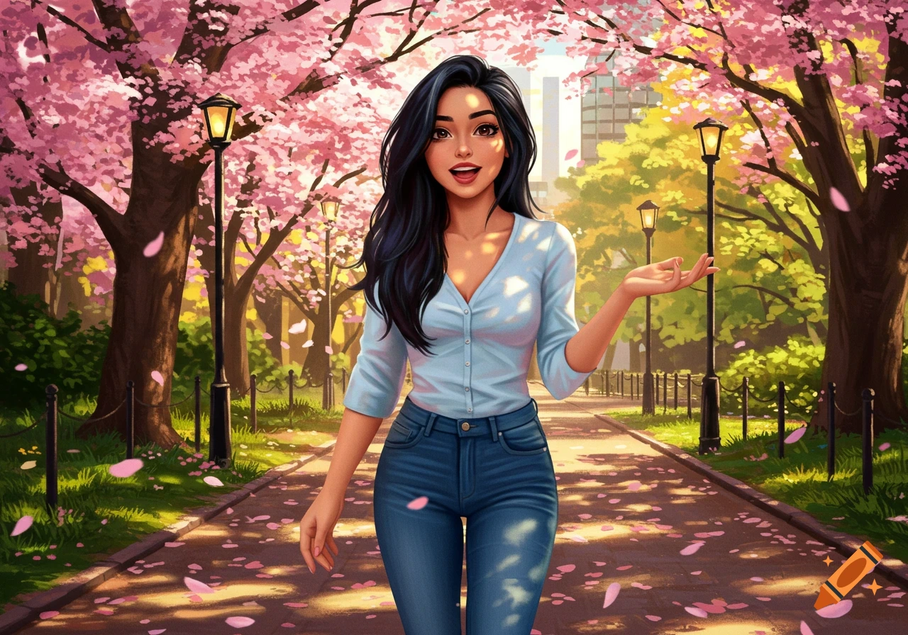 A young woman with dark hair walks smiling down a park path lined with pink cherry blossom trees, in a colorful illustration.