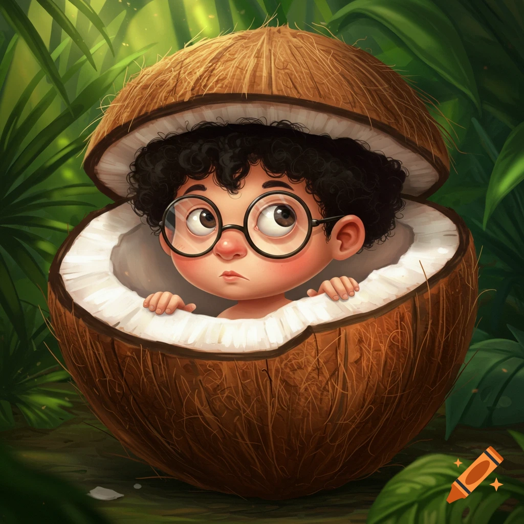 A cute, cartoon boy with black curly hair and round glasses peeks out of a half-cut coconut in a lush jungle.