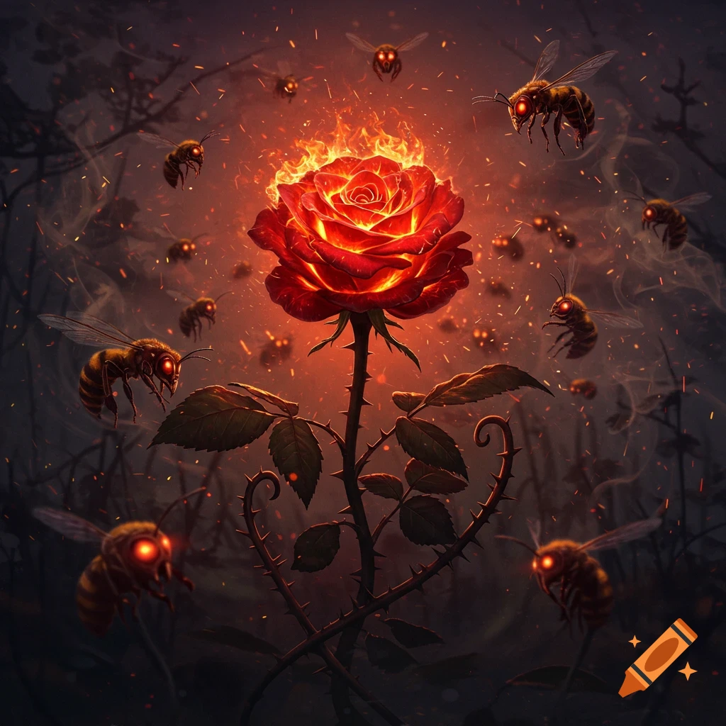 A vibrant red rose engulfed in flames, surrounded by multiple bees with glowing red eyes, against a dark, smoky background with embers.