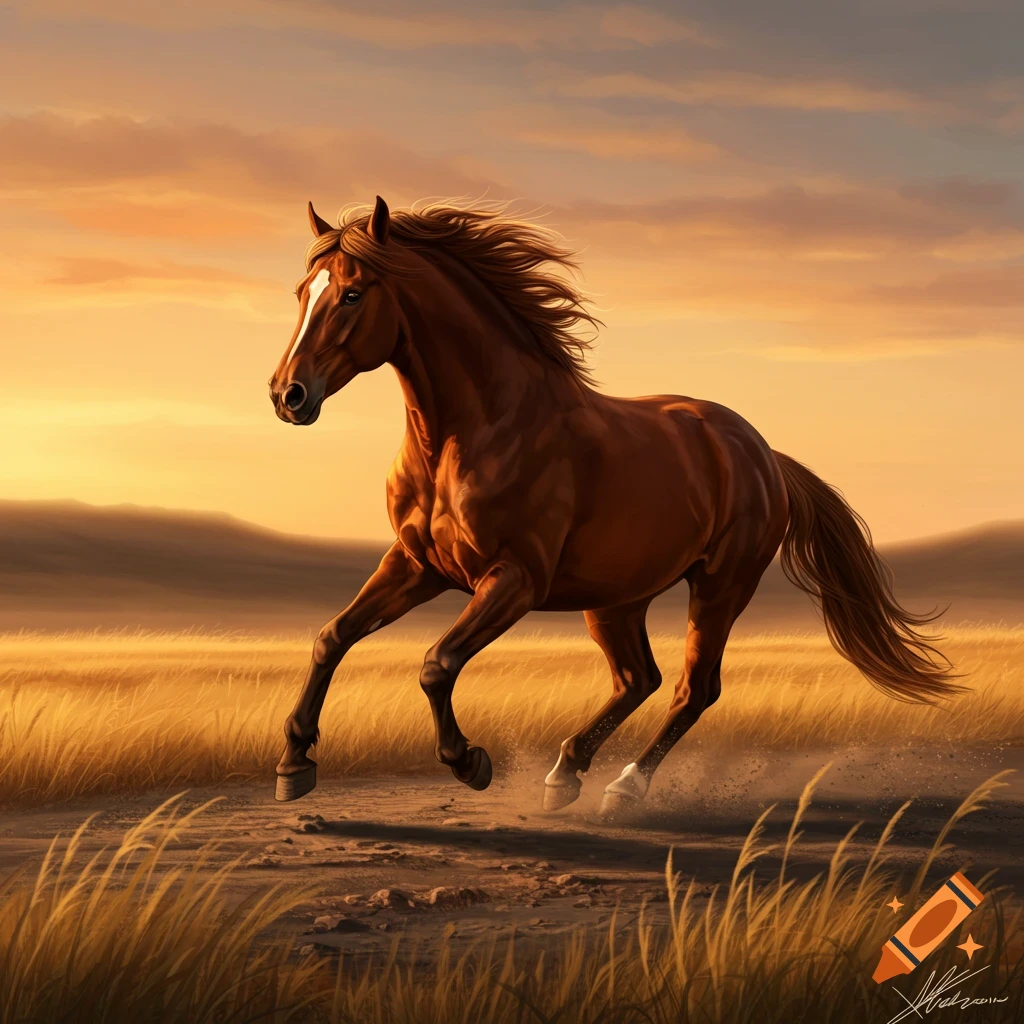 A brown horse with a white blaze gallops through a golden grassy field at sunset, rendered in a digital painting style.