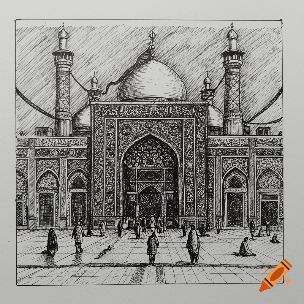 Pen and ink drawing of a grand Islamic shrine with a large central dome, minarets, and intricate patterns. People in courtyard.