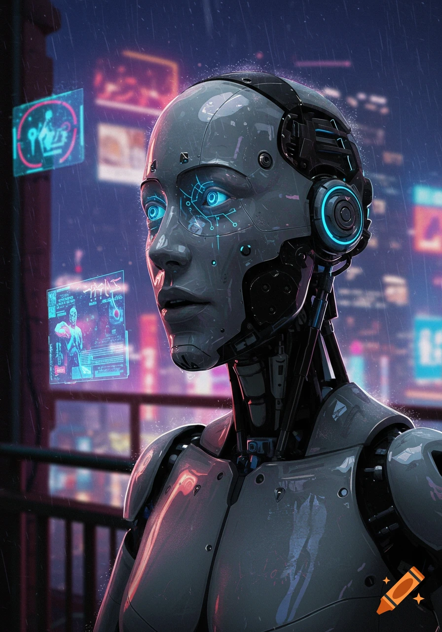 A detailed, grey and black robot with glowing blue eyes looks out into a rainy, neon-lit cyberpunk city at night, with holographic displays.