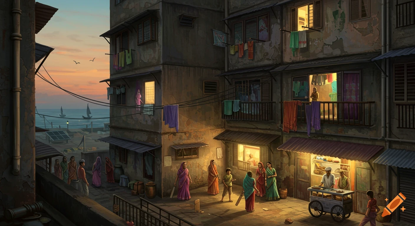Vibrant illustration of a bustling Mumbai chawl at dusk, with people playing cricket, a street vendor, and boats on the sea in the background.