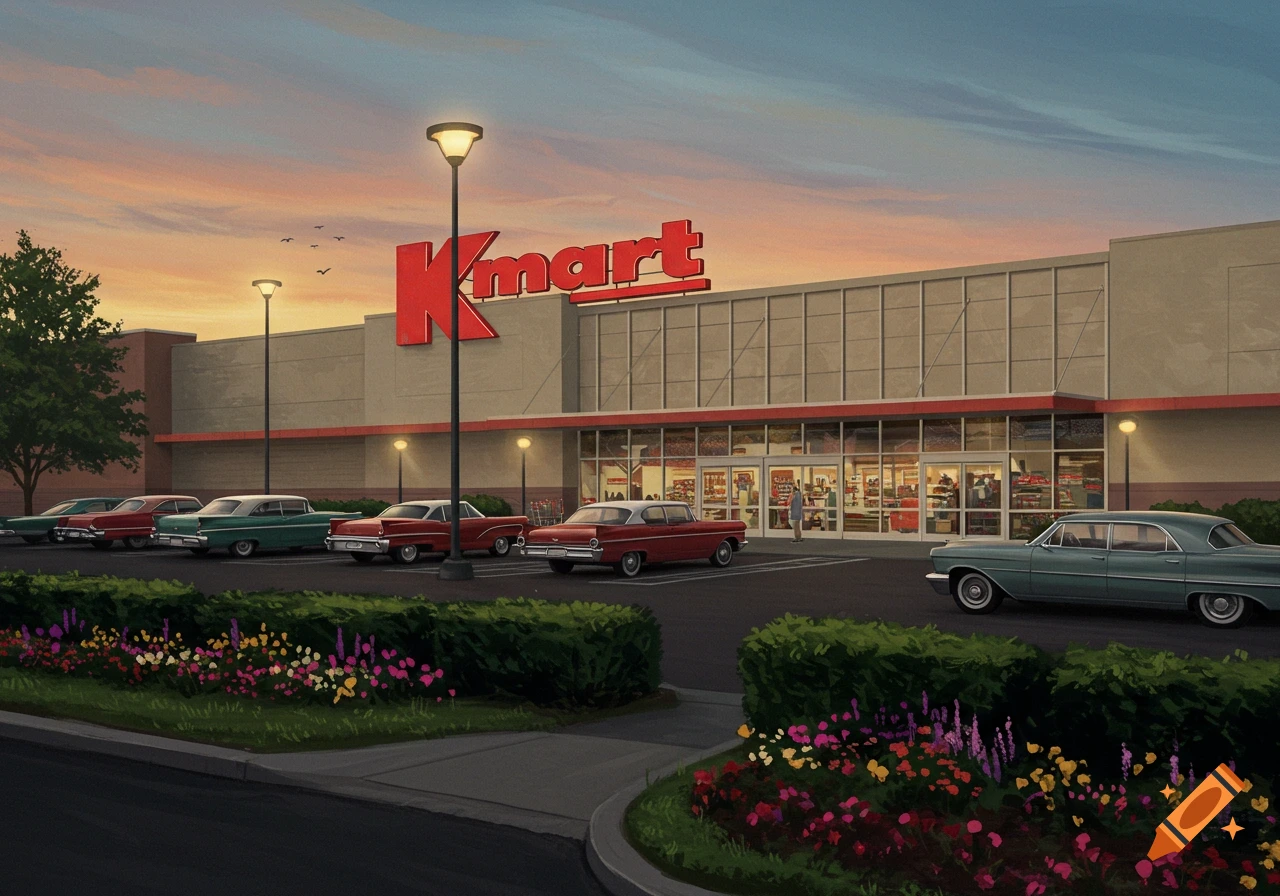 A vintage Kmart store at sunset with classic cars in the parking lot.