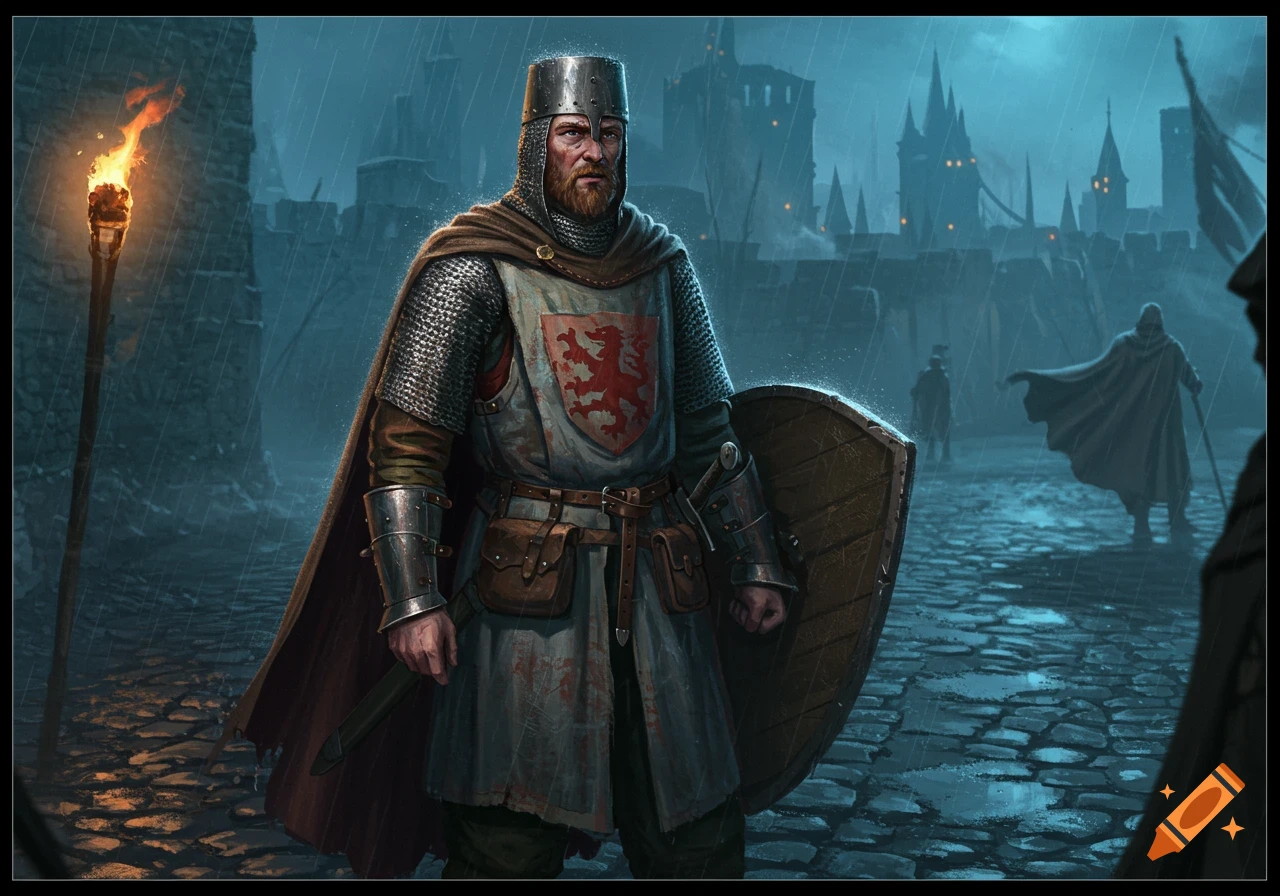 A grim medieval knight in chainmail, surcoat, and helmet stands in the rain at night with a shield, outside a dark castle.
