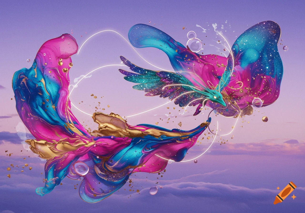 Vibrant abstract creature with wings made of swirling pink, blue, and gold liquid, against a pastel purple sky.