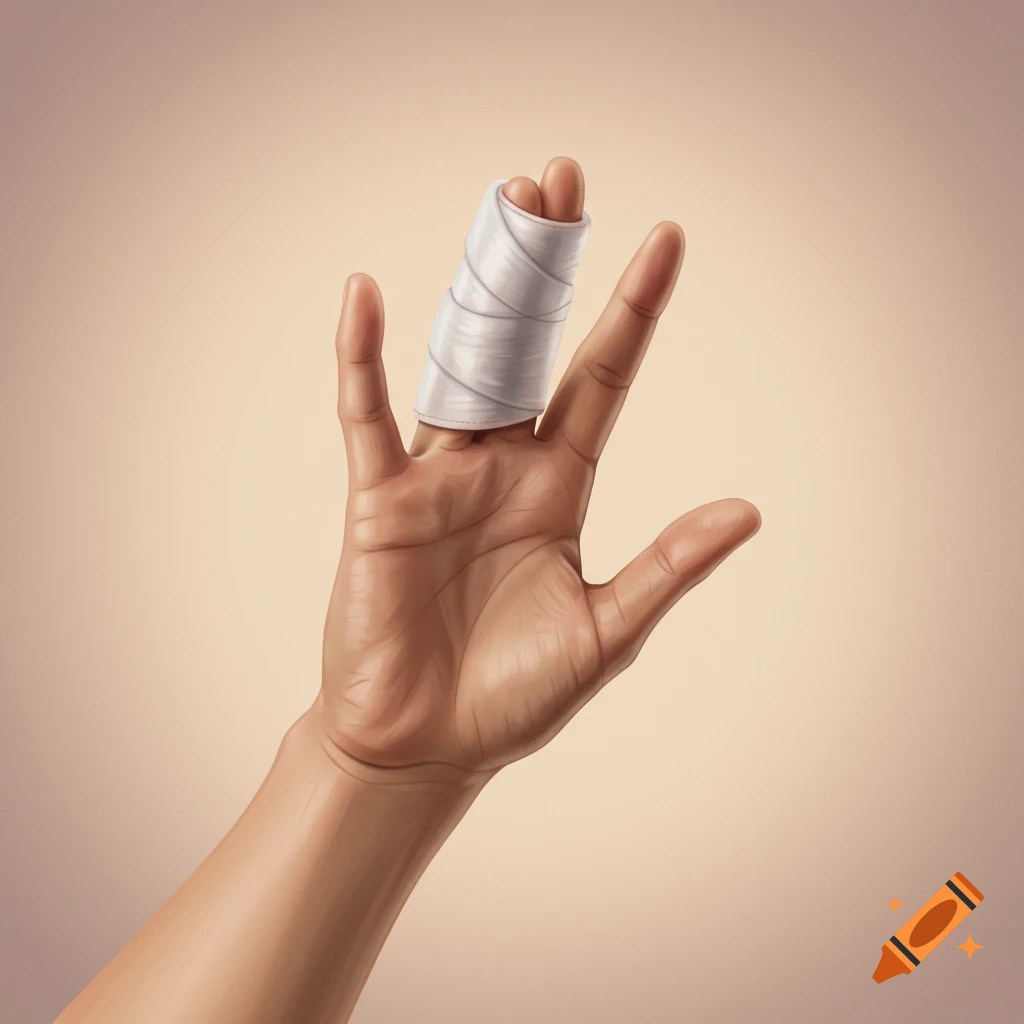 A hand performing the Vulcan salute with a white bandage wrapped around its index finger.