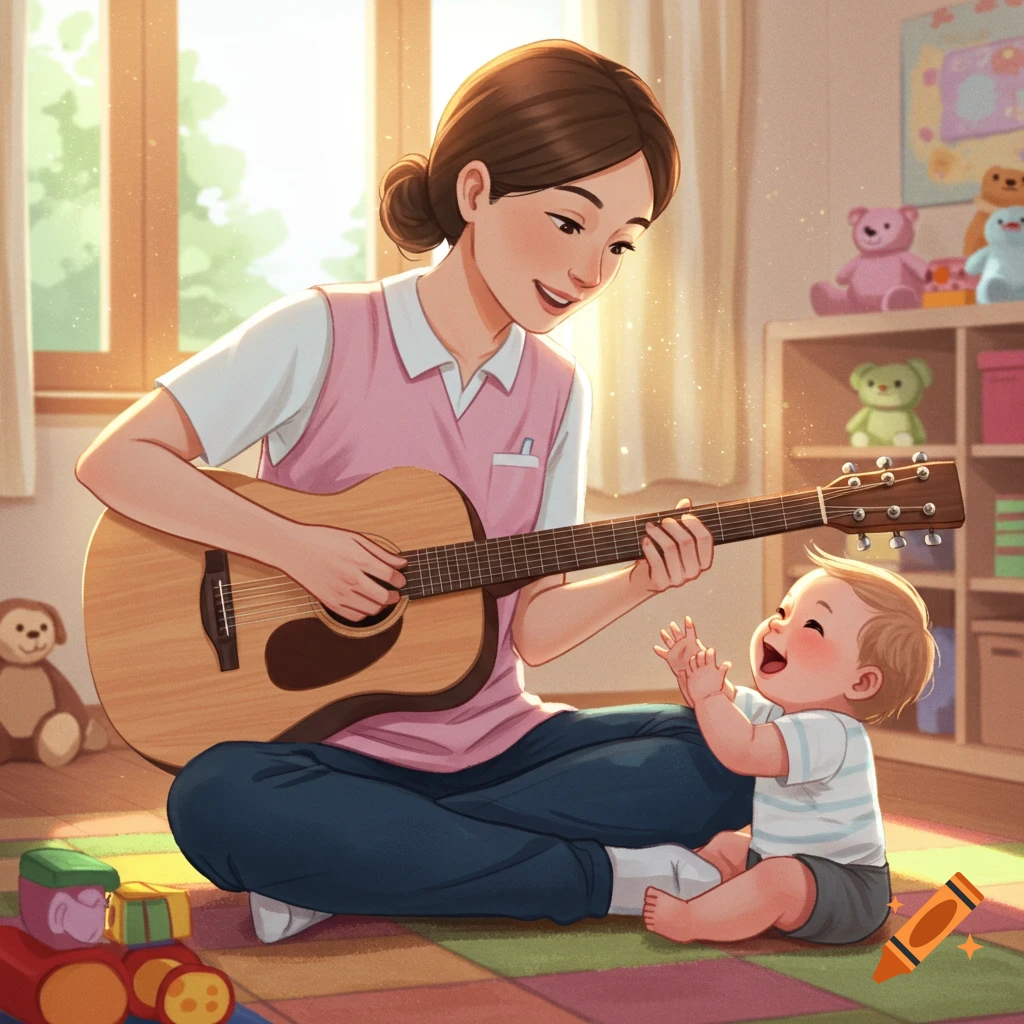 An illustrated daycare worker with a bun plays an acoustic guitar to a laughing baby sitting on a colorful mat amidst toys.