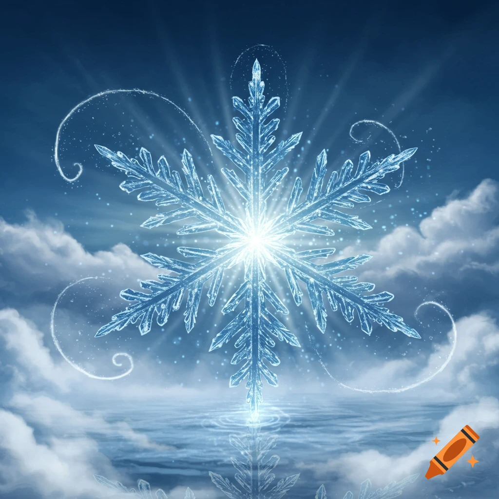 A glowing, intricate blue snowflake against a dark blue sky with clouds, reflecting on calm water.