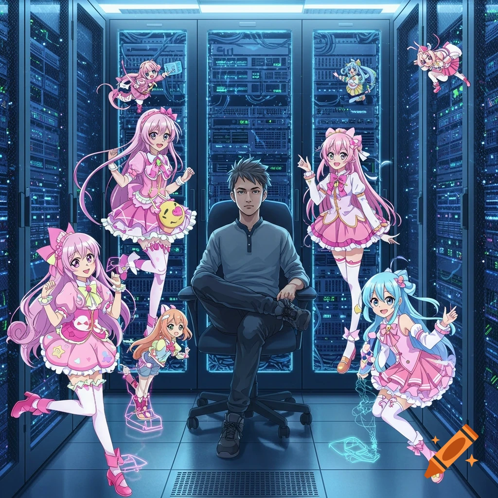 A male system administrator sits in a server room surrounded by multiple anime girls in pink dresses.