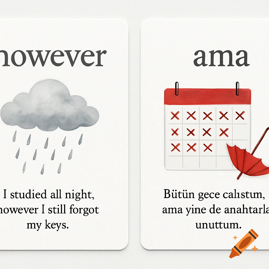 Two simple illustrated flashcards, one with 'however' and a rain cloud, the other with 'ama', a red calendar, and an umbrella.