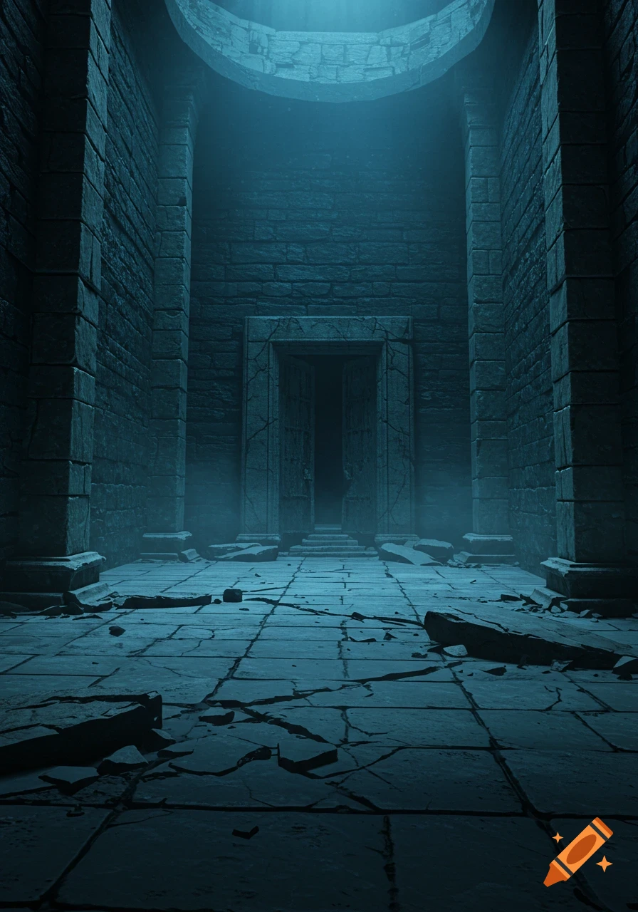 A dark, blue-tinted stone chamber with tall pillars, a distant doorway, and broken stones on the floor, lit by a faint light from above.