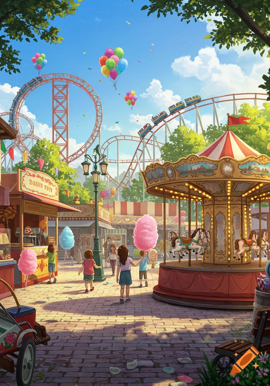 A vibrant illustration of an amusement park with a carousel, roller coasters, balloons, and children holding cotton candy.