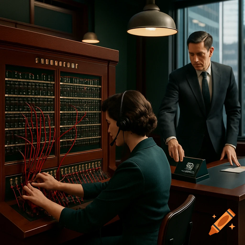 A woman with a headset operates a vintage telephone switchboard, plugging red wires into a panel, while a man in a suit stands behind a desk in a retro office.