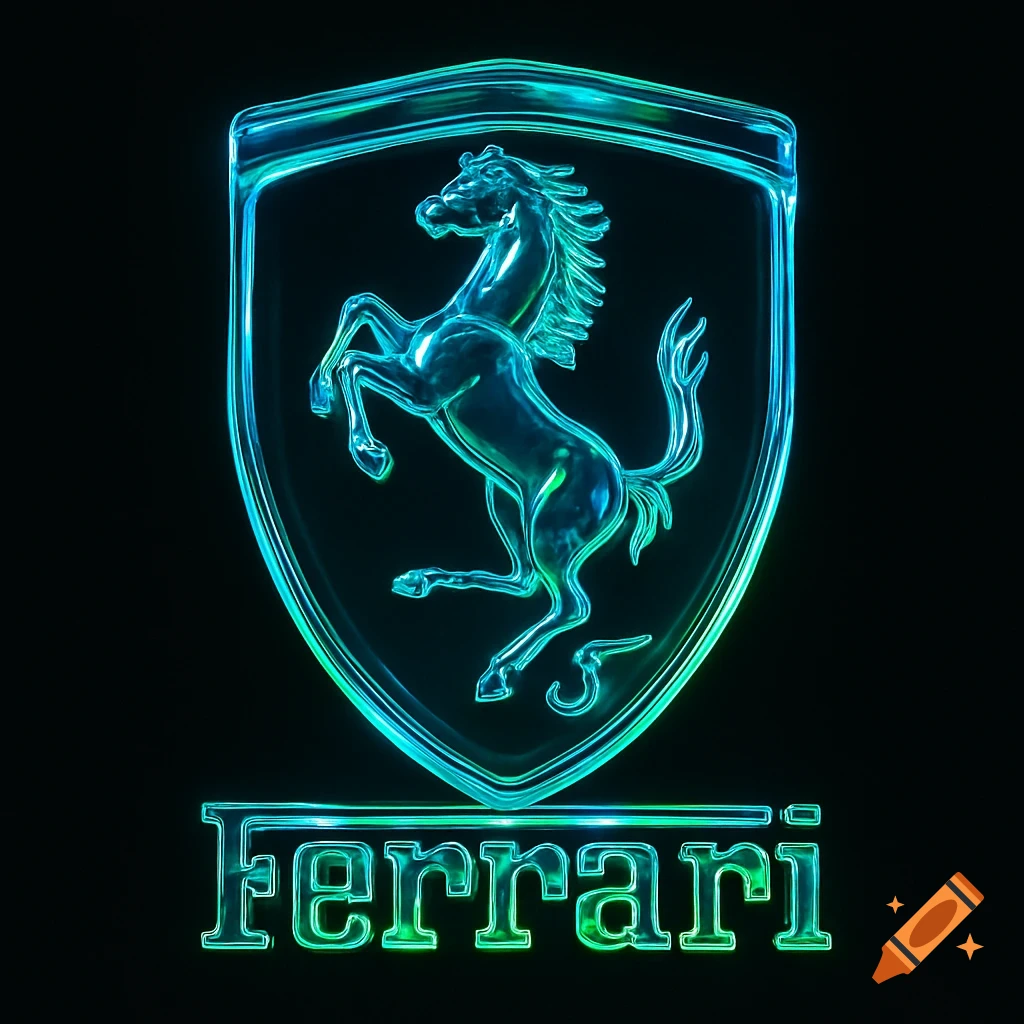 Glowing glass-style Ferrari logo in blue and green on a black background, with the word "Ferrari" below it.