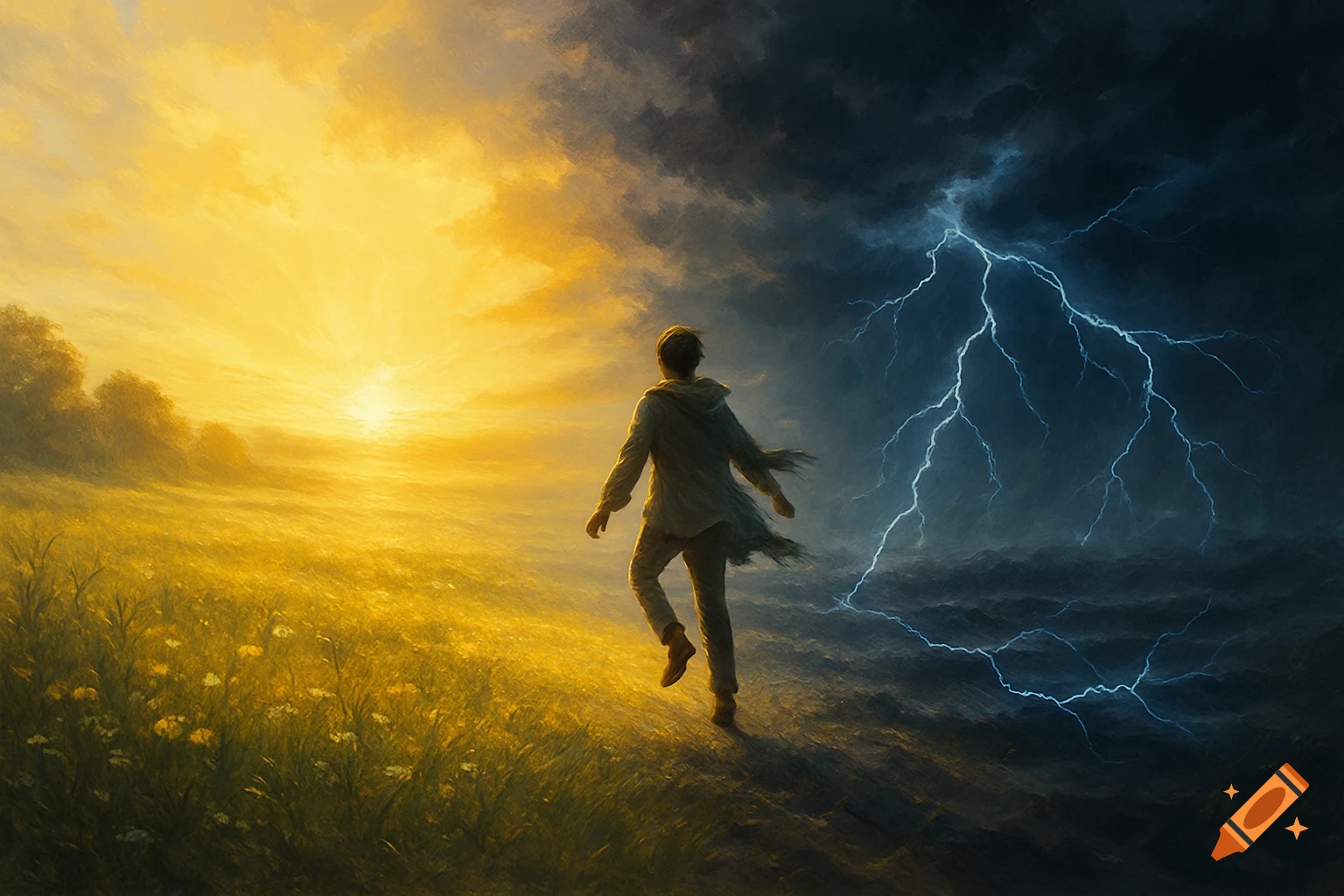A lone figure walks through a field, with a sunlit, golden sky on one side and a dark, stormy sky with lightning on the other.