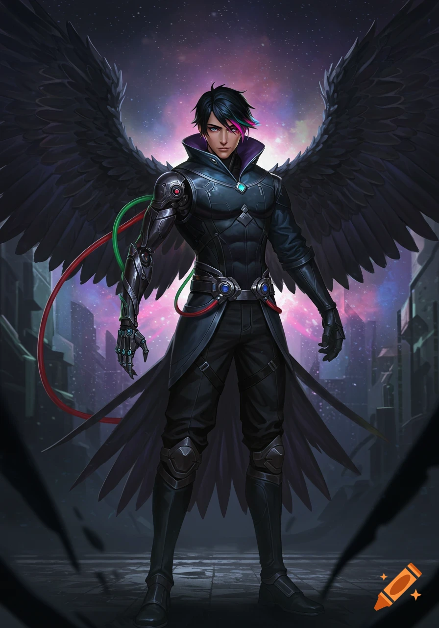 A dark-haired anime man with black wings, a robotic arm with red and green tubes, and a black outfit stands against a cosmic cityscape.
