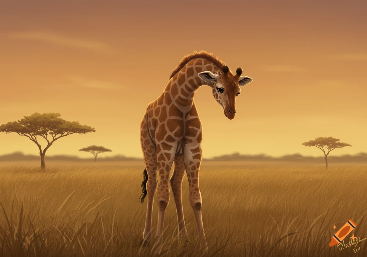 A sad baby giraffe stands in a golden savanna with acacia trees at sunset in an illustrative style.