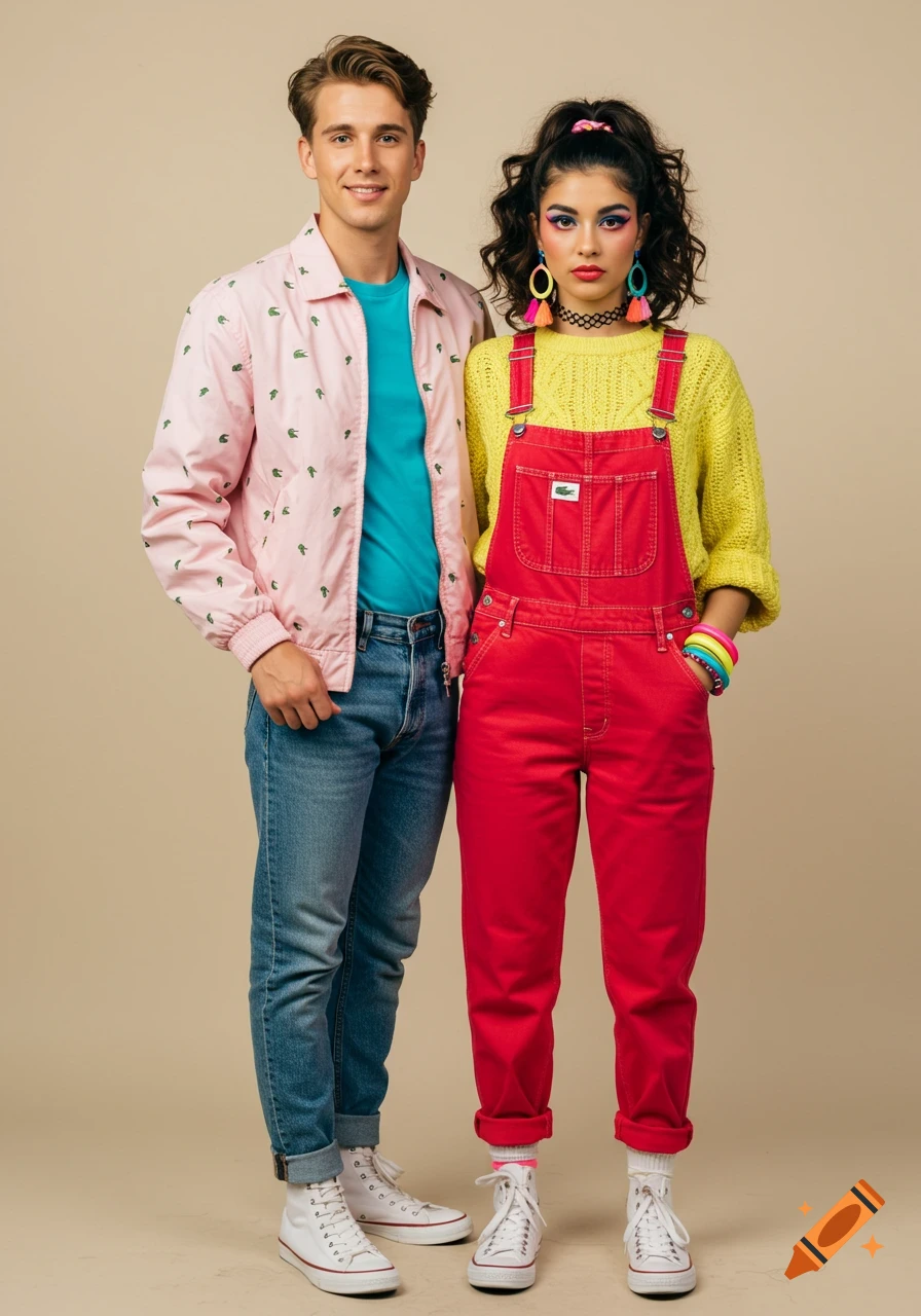 Photorealistic studio portrait of a young couple in colorful 1980s fashion: man in pink jacket, woman in red overalls.