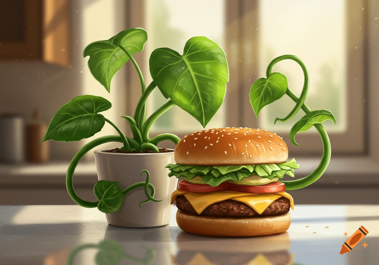A hamburger sits next to a potted houseplant with tendrils wrapping around the burger on a kitchen counter.